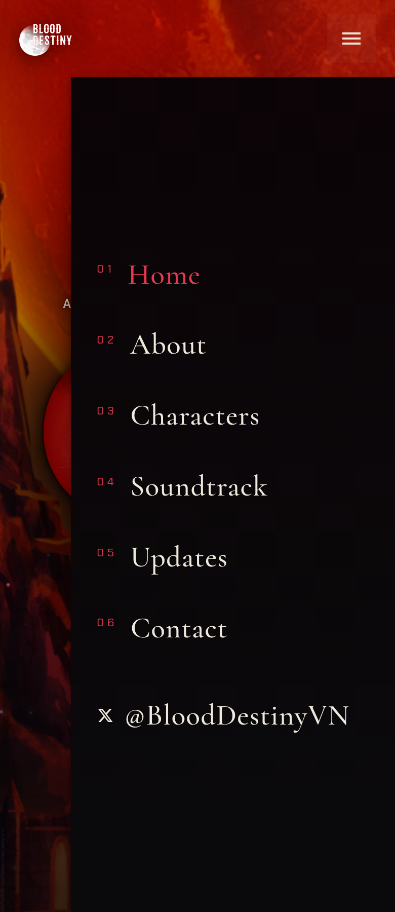 Blood Destiny Home page with the navigation menu open