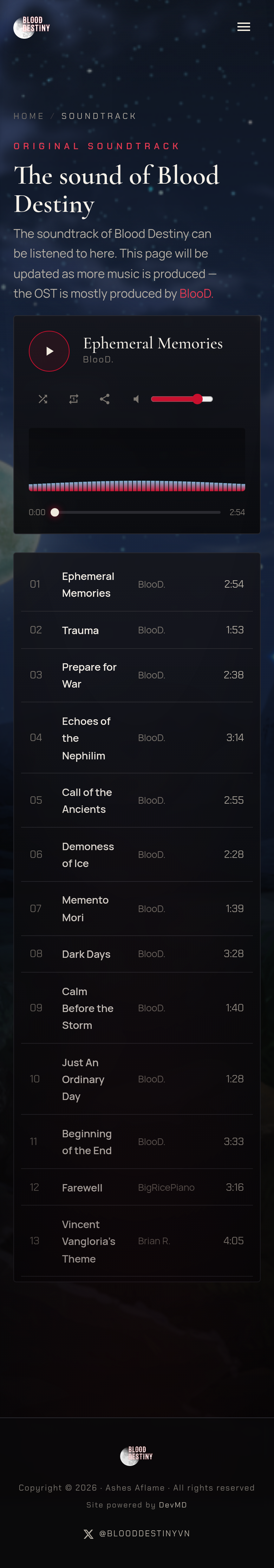 Blood Destiny redesigned Soundtrack page on mobile