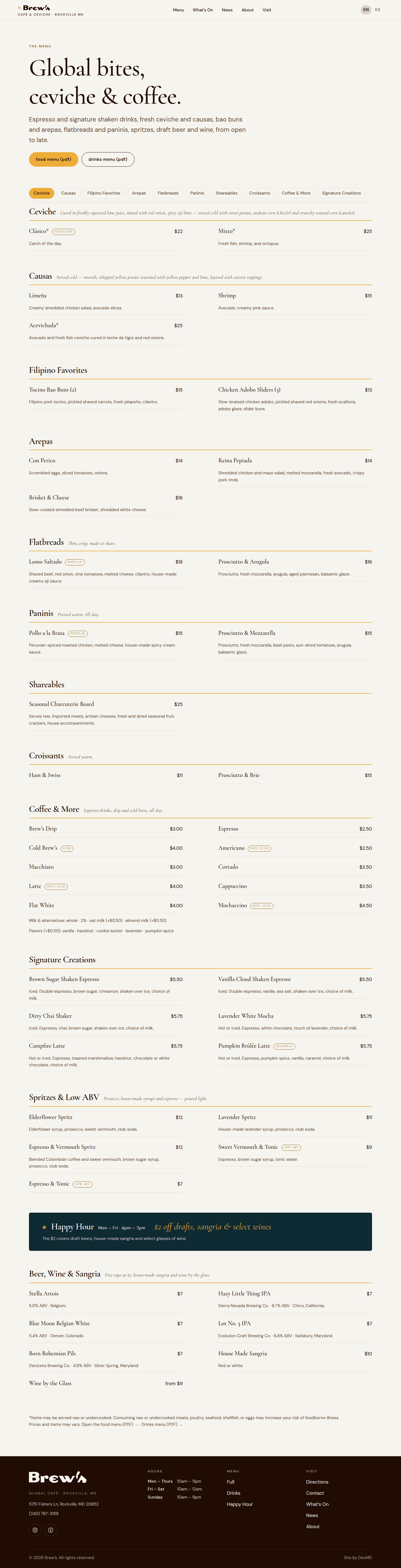 Rockville Brews Menu page in English