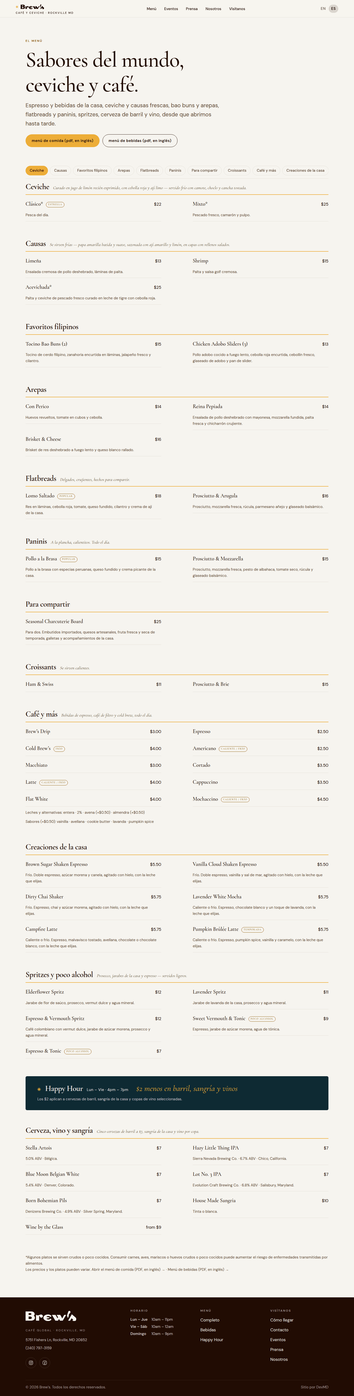 Rockville Brews Menu page in Spanish