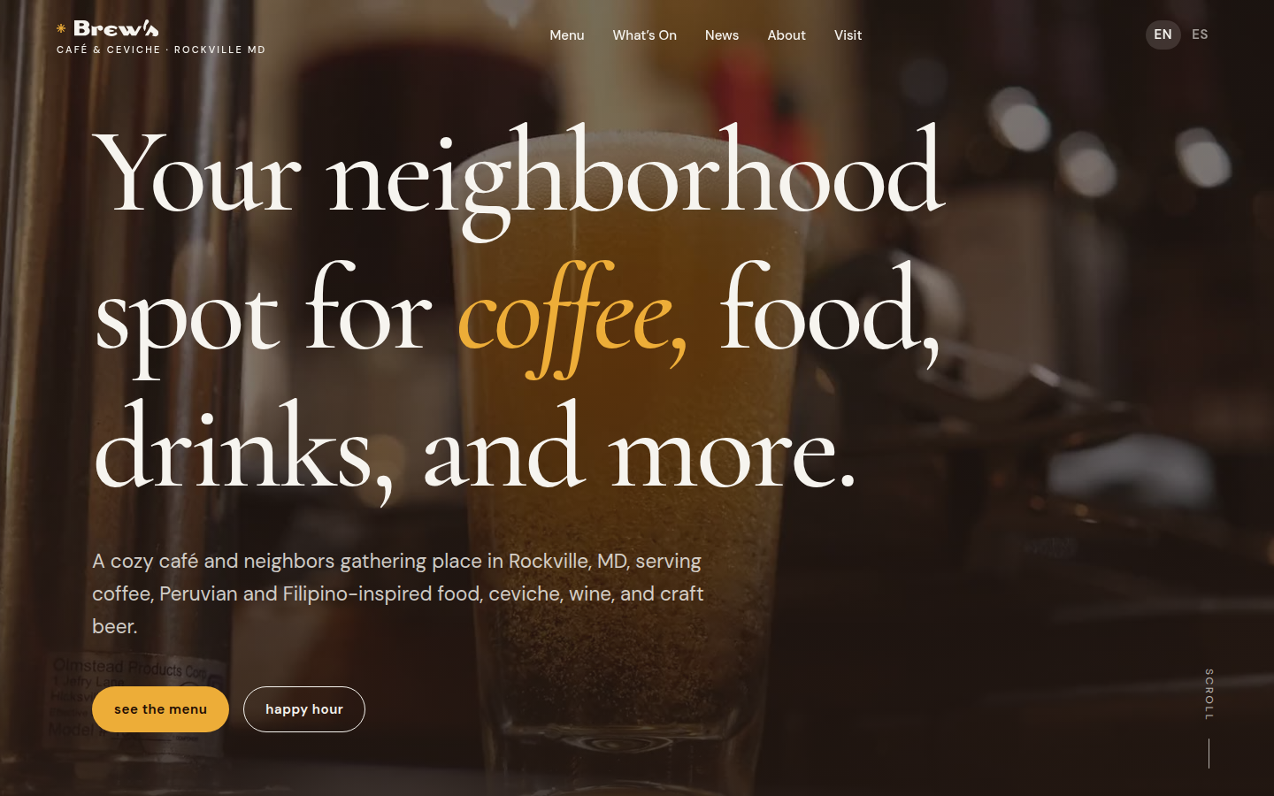 Rockville Brews homepage with the hero, navigation, and language switcher